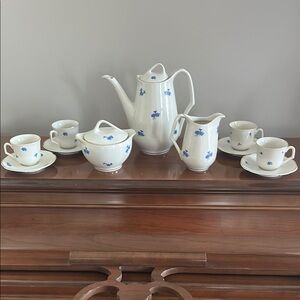 Elegant 13 pc Demitasse Set with Blue Flowers w Gold Trim marked Argentina